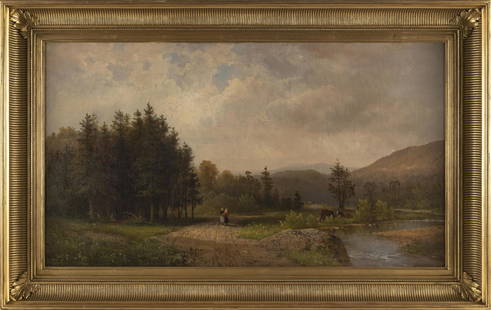 JAMES BRADE SWORD (Pennsylvania, 1839-1915), Figures by a mountain stream., Oil on canvas, 20" x: JAMES BRADE SWORDPennsylvania, 1839-1915Figures by a mountain stream. Signed lower left "J.B. Sword".Oil on canvas, 20" x 36". Framed 27" x 43".