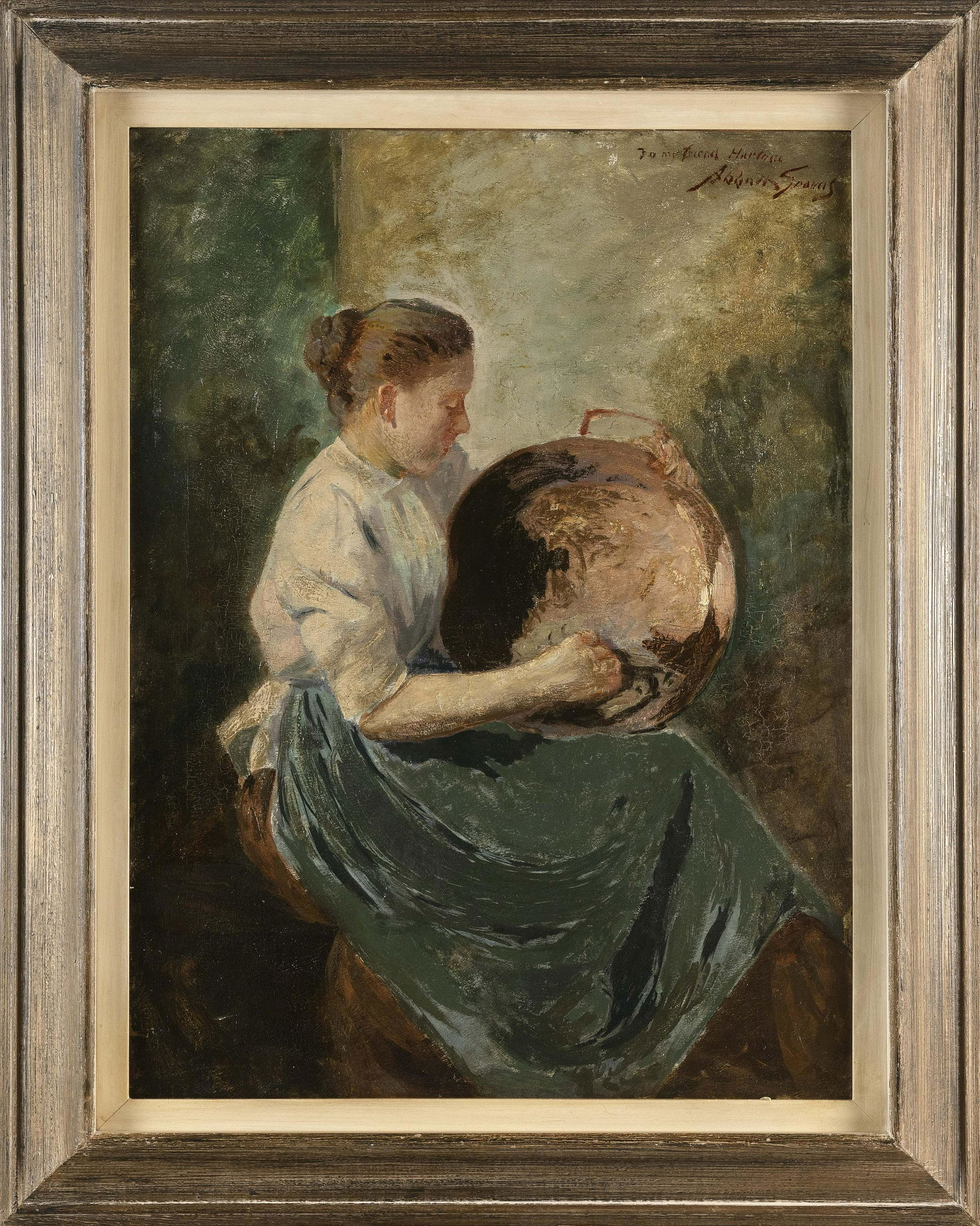 ABBOTT FULLER GRAVES (Massachusetts/Maine, 1859-1936), A woman scrubbing a brass basin., Oil on: ABBOTT FULLER GRAVESMassachusetts/Maine, 1859-1936A woman scrubbing a brass basin. Inscribed and signed upper right "To my friend Harland, Abbott Graves".Oil on canvas, 24" x 18".