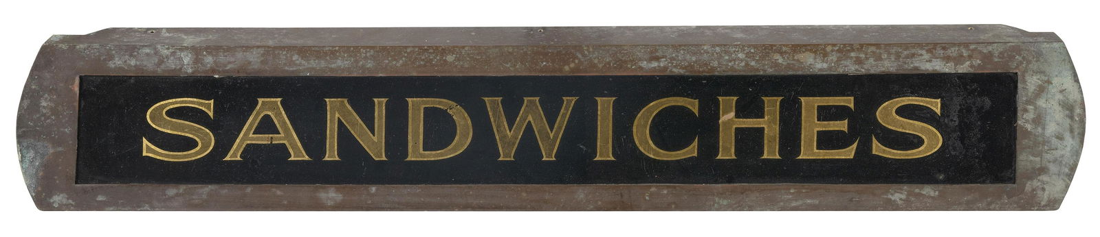 SANDWICHES REVERSE-PAINTED GLASS SIGN America, Circa 1915 9" x 50.5". (1 of 2)