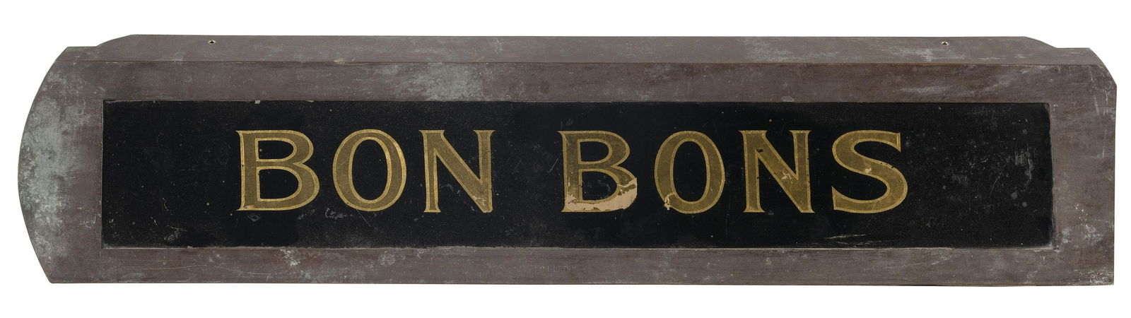 BON BONS REVERSE-PAINTED GLASS SIGN America, Circa 1915 9" x 40.25". (1 of 2)