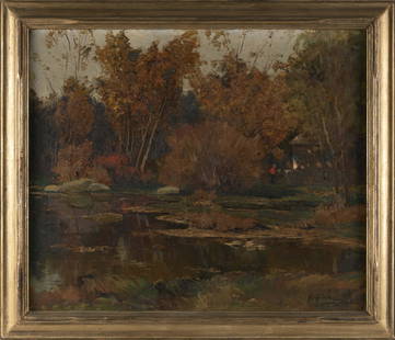 ANTHONY THIEME (Massachusetts/California, 1888-1954), "Still Water Autumn"., Oil on canvas, 25" x: ANTHONY THIEME Massachusetts/California, 1888-1954 "Still Water Autumn". Signed lower right "A. Thieme". Oil on canvas, 25" x 30". Framed 30" x 35".