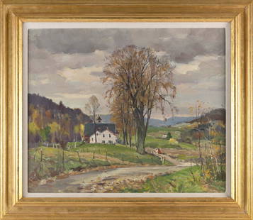 ANTONIO CIRINO (Rhode Island/Italy, 1889-1983), Rolling landscape with white farmhouse and red: ANTONIO CIRINO Rhode Island/Italy, 1889-1983 Rolling landscape with white farmhouse and red barn. Unsigned. Estate stamped and signed verso by Ann Fisk, Director of the Rockport Art Association. Oil