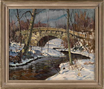 ANTONIO CIRINO (Rhode Island/Italy, 1889-1983), Snowy scene of a stone bridge over a stream., Oil on: ANTONIO CIRINORhode Island/Italy, 1889-1983Snowy scene of a stone bridge over a stream. Signed lower right "A. Cirinoî.Oil on canvas, 20î x 24î. Framed 24.5î x 28.5î.