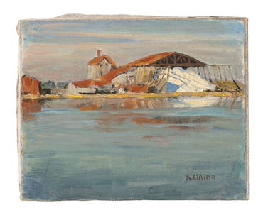 ANTONIO CIRINO (Rhode Island/Italy, 1889-1983), Waterfront scene with dockyard., Oil on canvas,: ANTONIO CIRINORhode Island/Italy, 1889-1983Waterfront scene with dockyard. Signed lower right ìA. Cirinoî.Oil on canvas, 6.75î x 8.25î. Unframed.