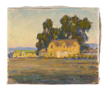 ANTONIO CIRINO (Rhode Island/Italy, 1889-1983), Expansive landscape with houses., Oil on canvas,: ANTONIO CIRINO Rhode Island/Italy, 1889-1983 Expansive landscape with houses. Signed lower right ìA. Cirinoî. Oil on canvas, 6.75î x 8.25î. Unframed.