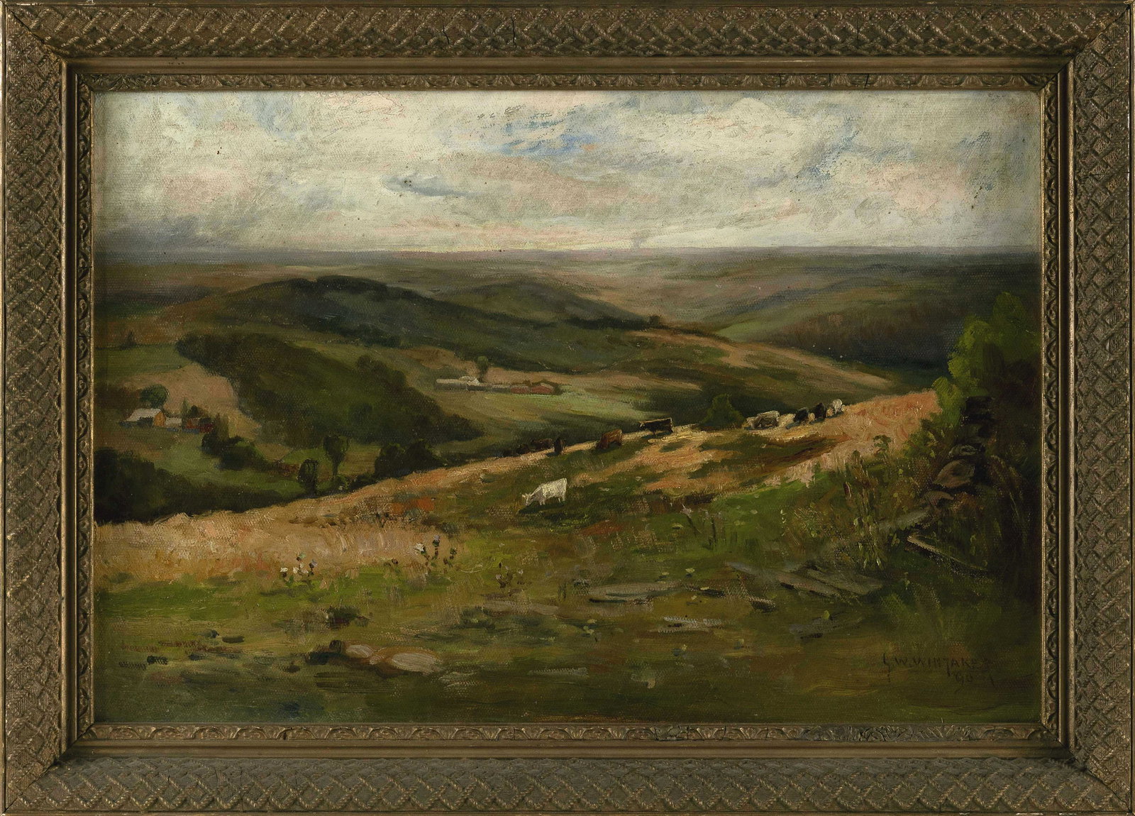 GEORGE WILLIAM WHITAKER (Rhode Island/New York/Massachusetts, 1841-1916), Grazing cows in rolling: GEORGE WILLIAM WHITAKERRhode Island/New York/Massachusetts, 1841-1916Grazing cows in rolling pastures. Signed and dated lower right "G.W. Whitaker 90".Oil on canvas, 14" x 20.5". F