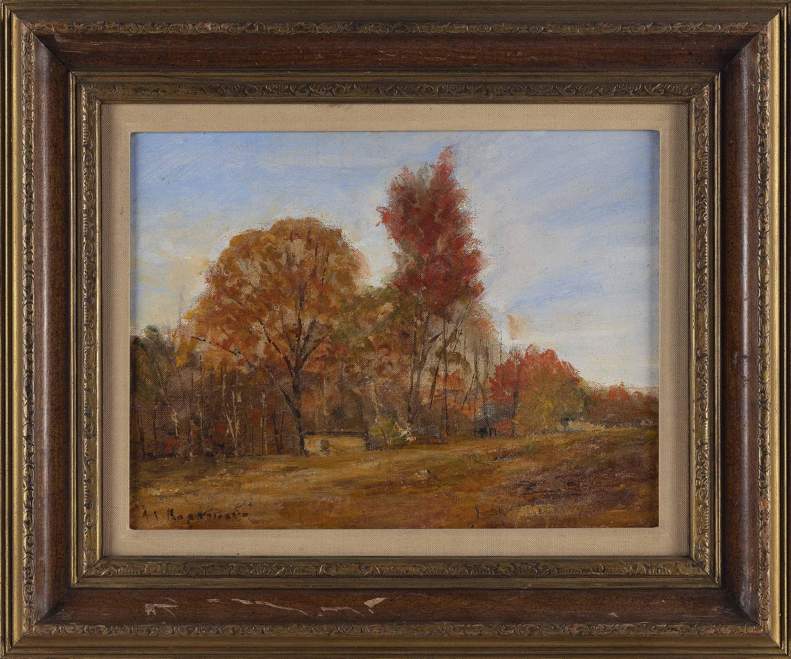 ABRAHAM JACOB BOGDANOVE (New York/Maine/Russian Federation, 1887-1946), Autumnal landscape., Oil on: ABRAHAM JACOB BOGDANOVENew York/Maine/Russian Federation, 1887-1946Autumnal landscape. Signed lower left ìA.J Bogdanoveî.Oil on canvas board, 12î x 16î. Framed 19î x 23î.