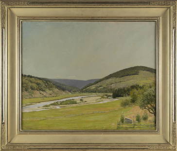 FRANK VINCENT DUMOND (New York/California, 1865-1951), "Margaree River Valley", Cape Breton Island,: FRANK VINCENT DUMONDNew York/California, 1865-1951"Margaree River Valley", Cape Breton Island, Nova Scotia. Signed lower left "F.V. DuMond". Housed in a Paul Carter Goodnow frame.Oil on canvas, 24" x