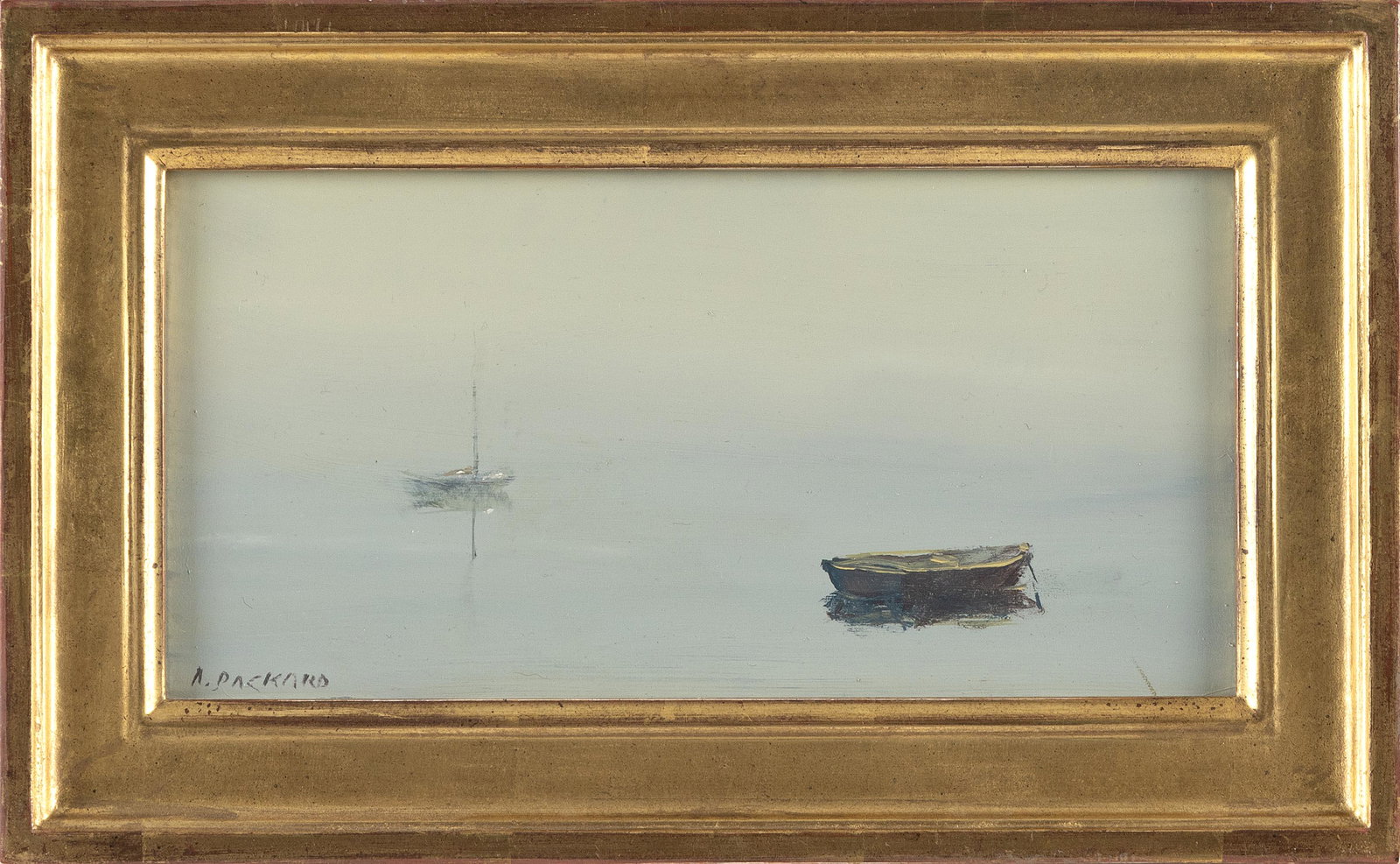 ANNE PACKARD (New Jersey/Massachusetts, 1933-), Moored boats, Provincetown Harbor., Oil on panel, 5": ANNE PACKARDNew Jersey/Massachusetts, 1933-Moored boats, Provincetown Harbor. Signed lower left ìA. Packardî. Label verso for the Packard Gallery.Oil on panel, 5" x 10". Housed in
