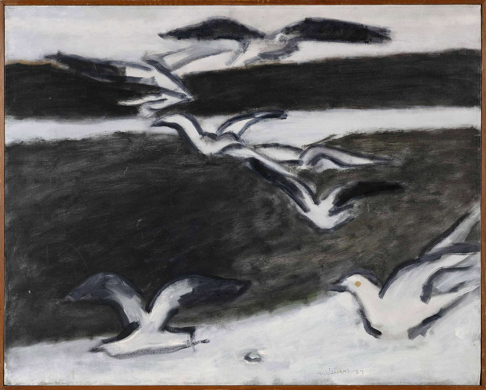 TONY VEVERS (Massachusetts/Indiana/England, 1926-2008), "Gulls"., Oil on canvas, 24î x 30î: TONY VEVERSMassachusetts/Indiana/England, 1926-2008"Gulls". Signed and dated lower right ìT. Vevers 57î. Label verso for Janet Nessler Gallery, New York.Oil on canvas, 24î x 3