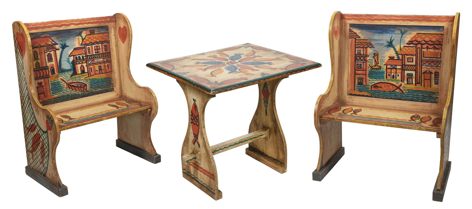 PETER HUNT (Massachusetts, 1896-1967), Three-piece dining set with painted decoration., Table height: PETER HUNTMassachusetts, 1896-1967Three-piece dining set with painted decoration. Includes a trestle table with an orange, yellow, green and blue fish motif against a yellow ground, and two settles wi