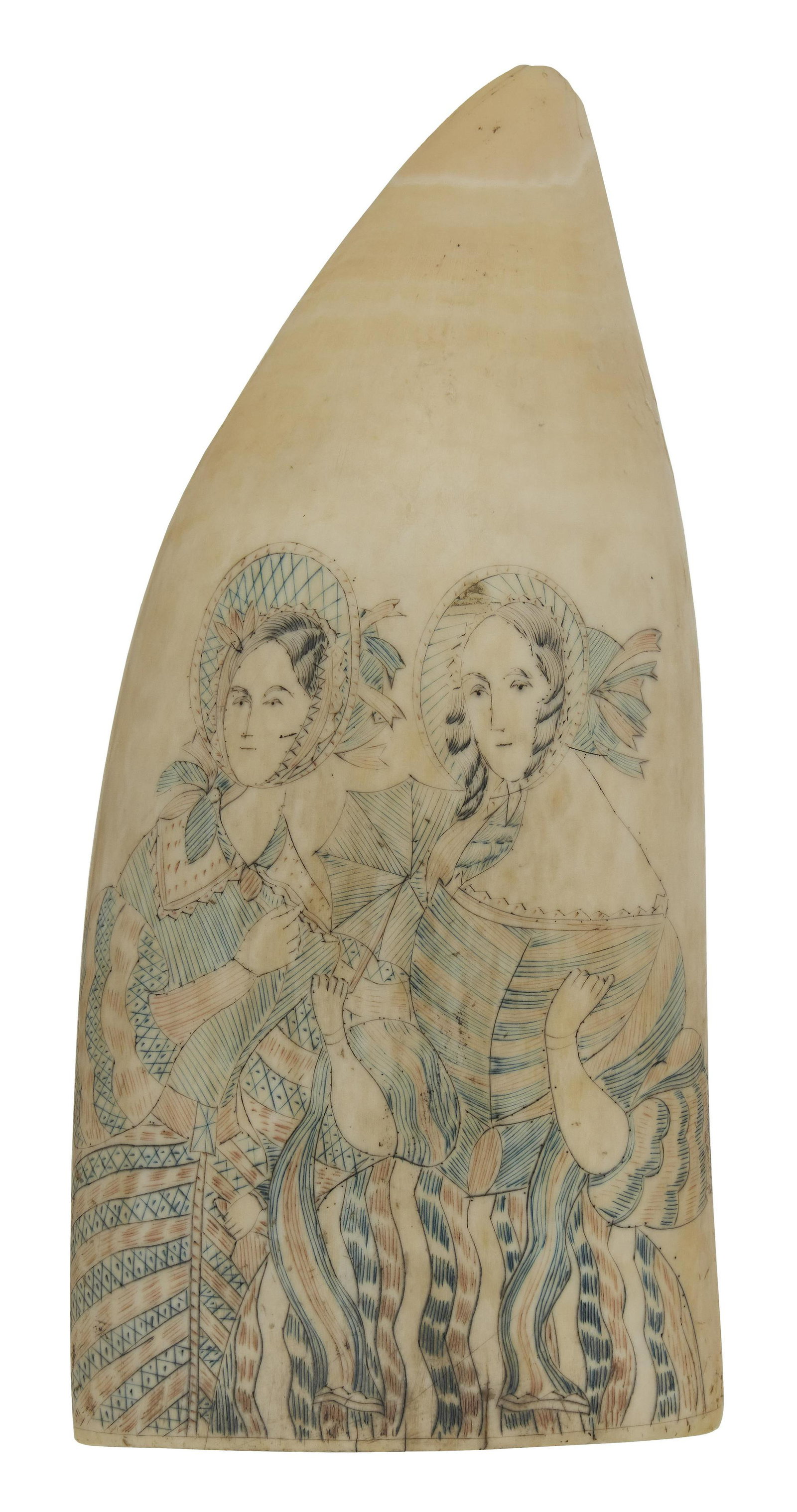 POLYCHROME SCRIMSHAW WHALE'S TOOTH WITH LADIES 19th Century Length 5.25".: POLYCHROME SCRIMSHAW WHALE'S TOOTH WITH LADIES 19th Century Depicts a three-quarter-length portrait of two women wearing bonnets and elaborate Victorian dresses, executed in red, blue and black. Lengt