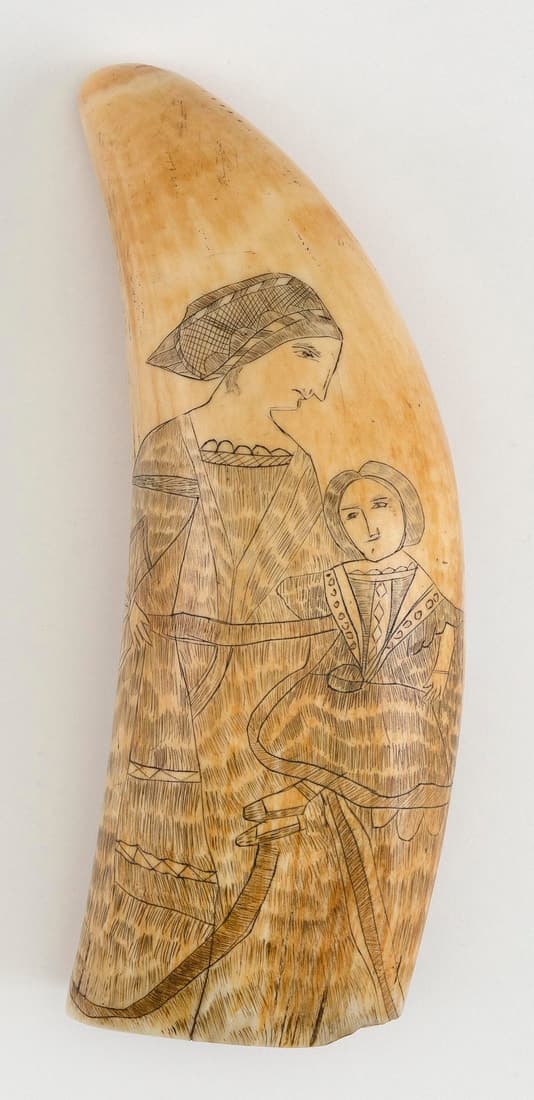 SCRIMSHAW WHALEíS TOOTH WITH FIGURAL AND SHIP PORTRAITS 19th Century Length 5.25î.: SCRIMSHAW WHALEíS TOOTH WITH FIGURAL AND SHIP PORTRAITS 19th Century Obverse with portrait of a mother and her child and reverse with a full-rigged ship. Nice patina. Length 5.25î.