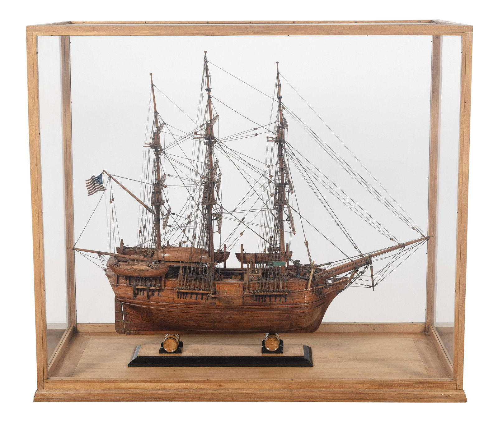 IMPORTANT CASED MODEL OF THE AMERICAN WHALESHIP "JAMES ARNOLD" Circa 1935 Case height 26". Length: IMPORTANT CASED MODEL OF THE AMERICAN WHALESHIP "JAMES ARNOLD"Circa 1935By renowned Boston ship model builder Peter Ness (1890-1976). Plank-on-frame ìscratch builtî from mahogany,