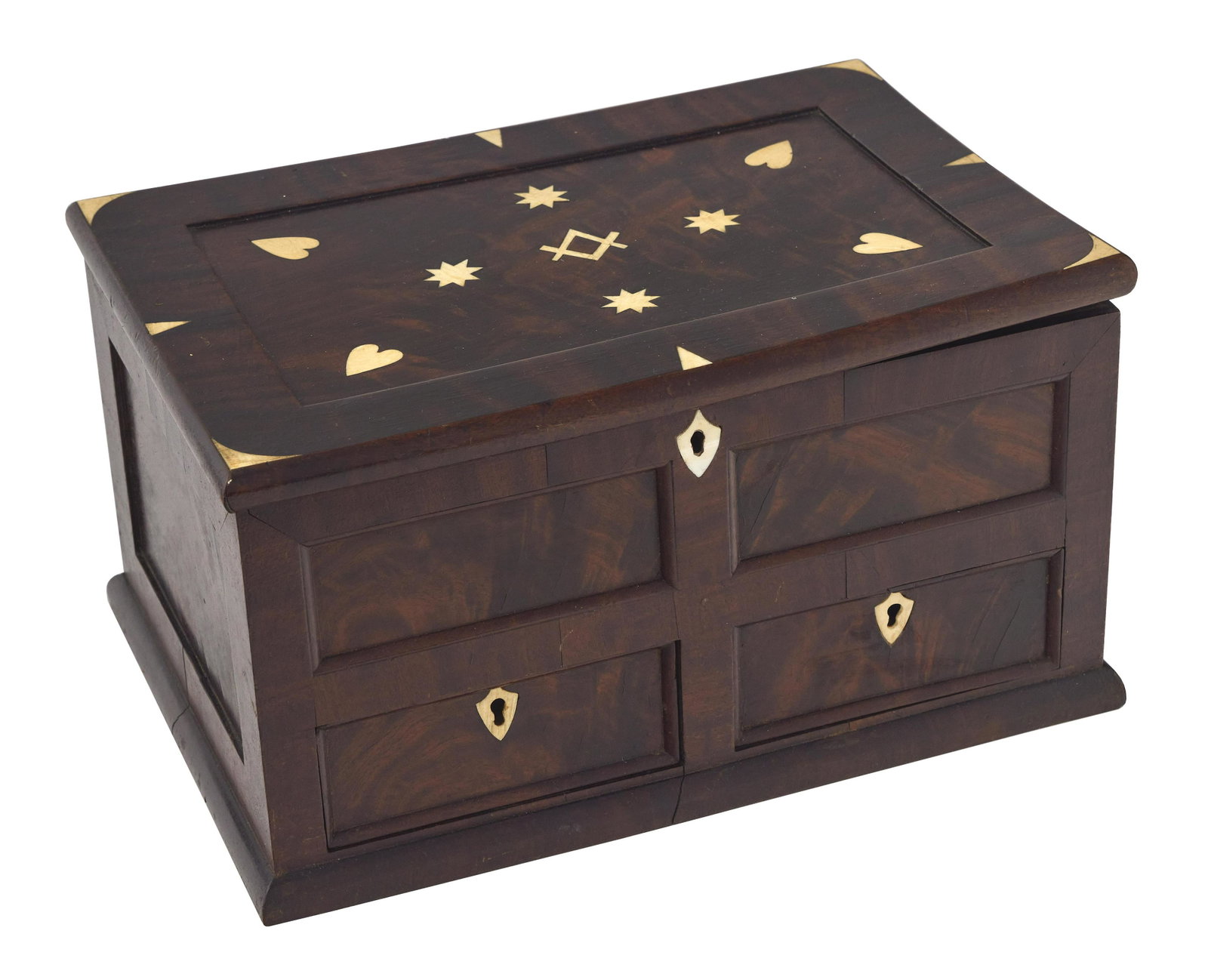 MAHOGANY BOX WITH WHALE IVORY INLAY 19th Century Height 6î. Width 10.75î. Depth 7.5î.: MAHOGANY BOX WITH WHALE IVORY INLAY 19th Century Lift top inlaid with hearts, stars, a Masonic compass and square and other geometric inlay. Front with two drawers and shield-form escutcheons. Inscrib