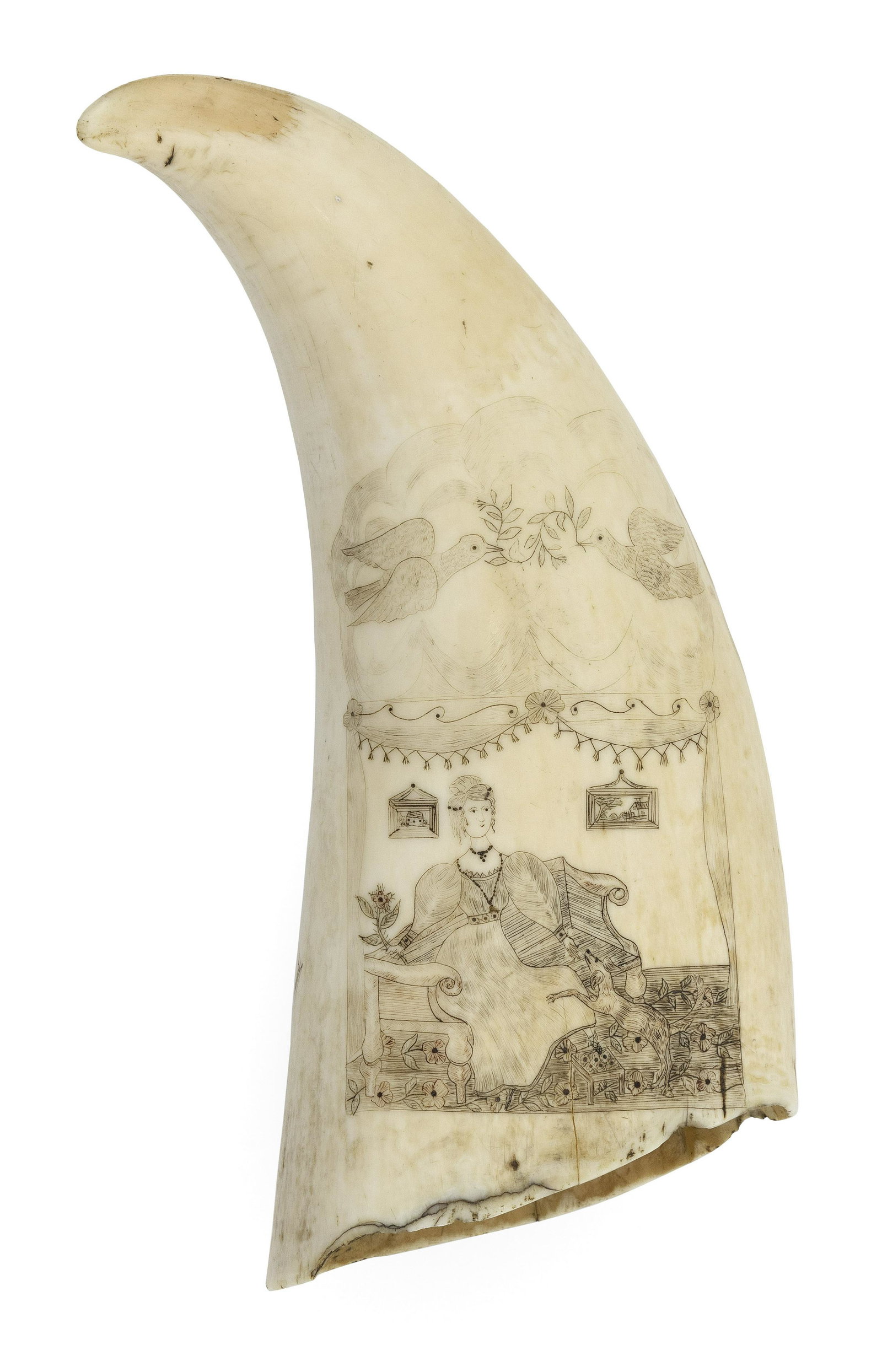 SCRIMSHAW WHALE'S TOOTH WITH PARLOR AND OTHER SCENES Mid-19th Century Length 7". Includes wood: SCRIMSHAW WHALE'S TOOTH WITH PARLOR AND OTHER SCENES Mid-19th Century Obverse depicts two lovebirds grasping a vine above a scene of a woman in a parlor, sitting on a sofa, holding a flower in one han