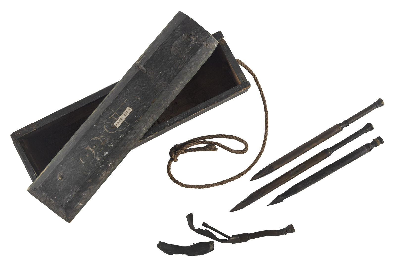 BOX CONTAINING FOUR DANIEL KELLEHER HARPOON BOMB LANCES New Bedford, 19th Century Box height (1 of 1)