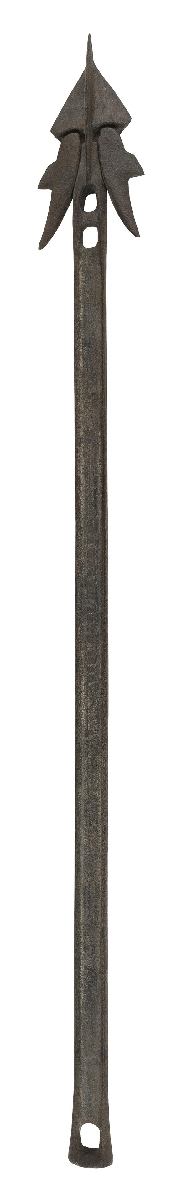 R. BROWN GUN HARPOON Mid-19th Century Length 33.5î.: R. BROWN GUN HARPOONMid-19th CenturyMarked on shaft ìR Brown Patd 1850î for Robert Brown of New London, Connecticut. Hinged barbs.Length 33.5î. Provenance:The Collection of Michael Gill