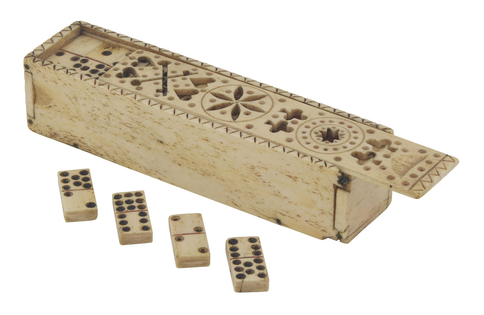 NAPOLEONIC PRISONER-OF-WAR BONE GAMES BOX Early 19th Century Height 1.375". Length 5.25". Width: NAPOLEONIC PRISONER-OF-WAR BONE GAMES BOX Early 19th Century Pierced top carved with hearts, clubs, crossed keys and other geometric shapes. Includes 55 dominoes. Height 1.375". Length 5.25"
