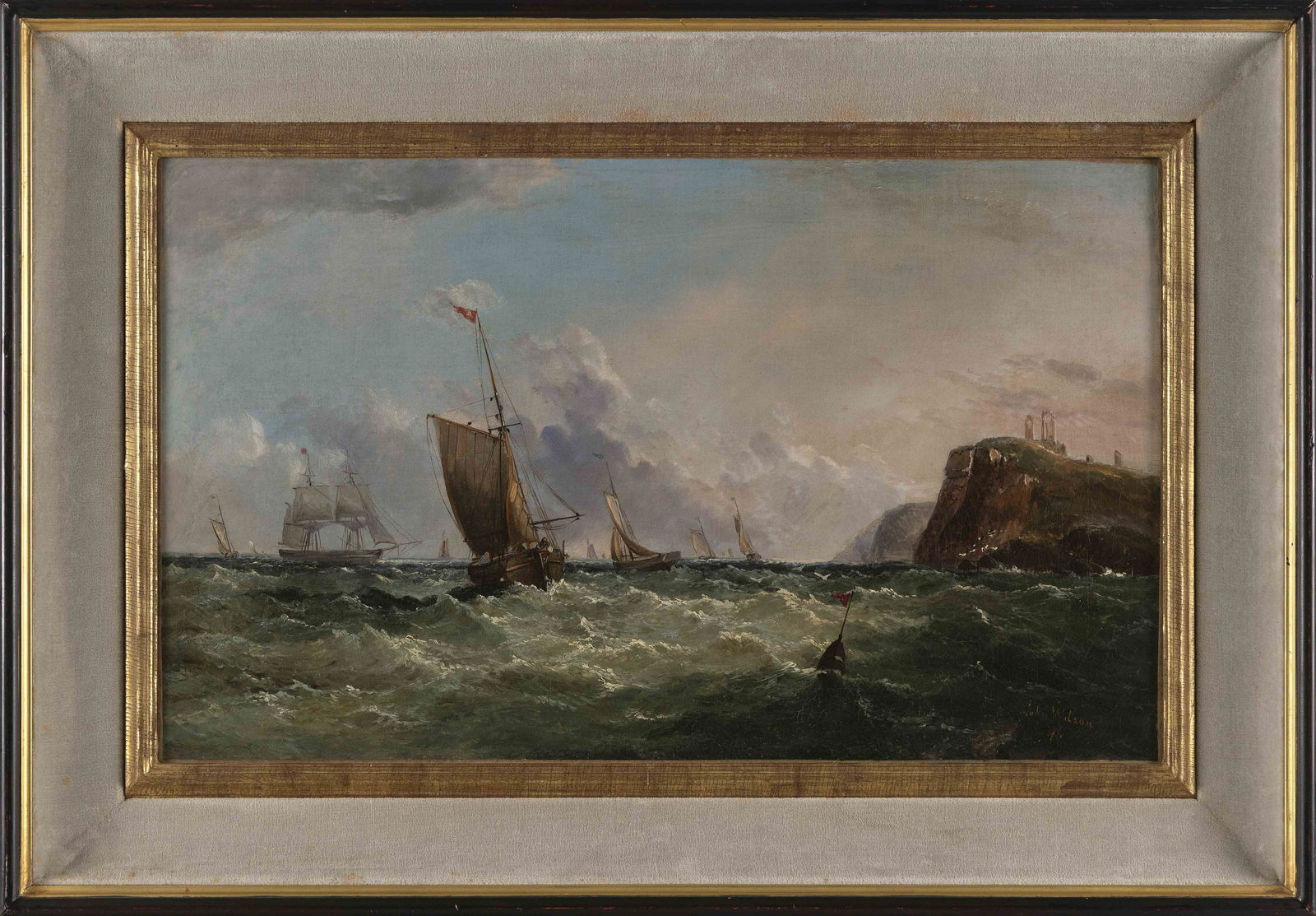 JOHN JAMES WILSON (United Kingdom, 1818-1875), Ships off a rocky coast., Oil on canvas, 12" x 20". (1 of 3)