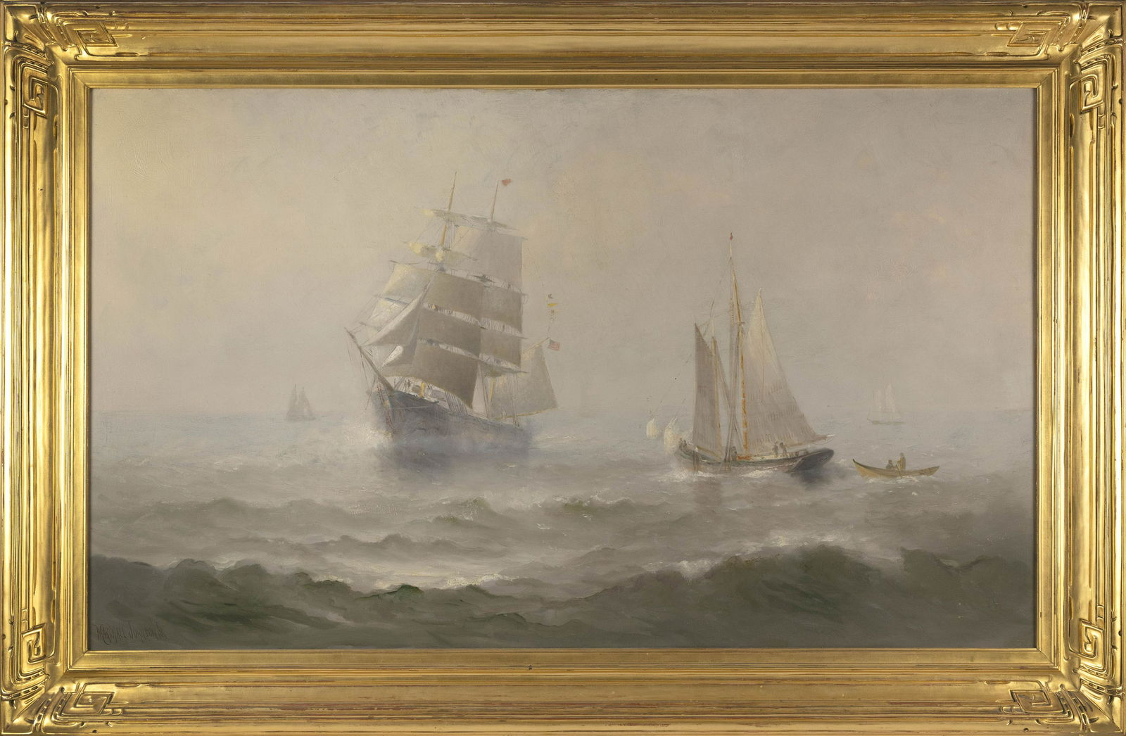 MARSHALL JOHNSON, JR. (Massachusetts, 1850-1921), "Out of the Fog"., Oil on canvas, 28" x 48".: MARSHALL JOHNSON, JR.Massachusetts, 1850-1921"Out of the Fog". Signed lower left "Marshall Johnson Jr.". Titled on gallery label verso.Oil on canvas, 28" x 48". Framed 36" x 56".