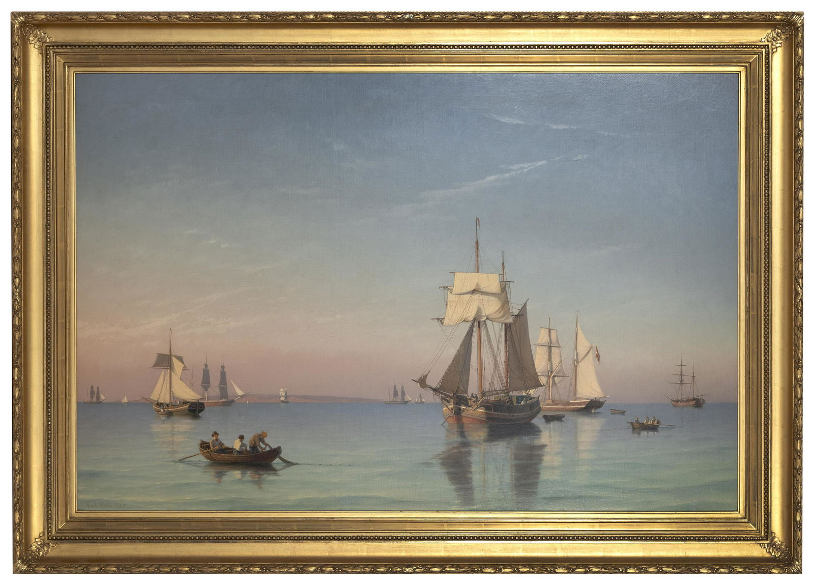 CARL LUDWIG BILLE (Denmark, 1815-1898), Vessels in calm seas., Oil on canvas, 36.5" x 53.5". Framed: CARL LUDWIG BILLEDenmark, 1815-1898Vessels in calm seas. Luminous and crisp work evocative of Fitz Henry Lane and Francis Silva, with three fishermen in a rowboat pulling in a net, a hermaphrodite bri