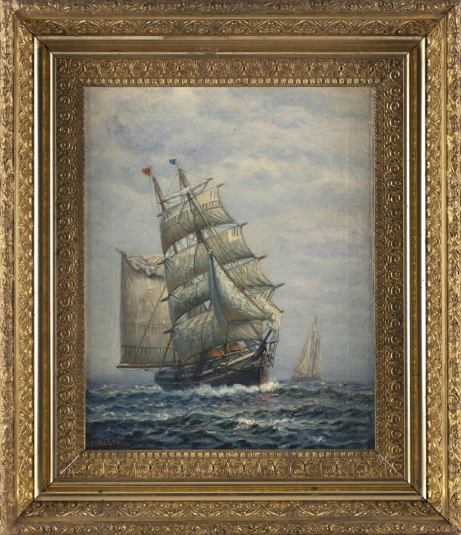 JAMES GALE TYLER (Connecticut/New York, 1855-1931), Ship at sea., Oil on canvas, 20" x 16". Framed: JAMES GALE TYLERConnecticut/New York, 1855-1931Ship at sea. Signed lower left "James G. Tyler".Oil on canvas, 20" x 16". Framed 28" x 32".