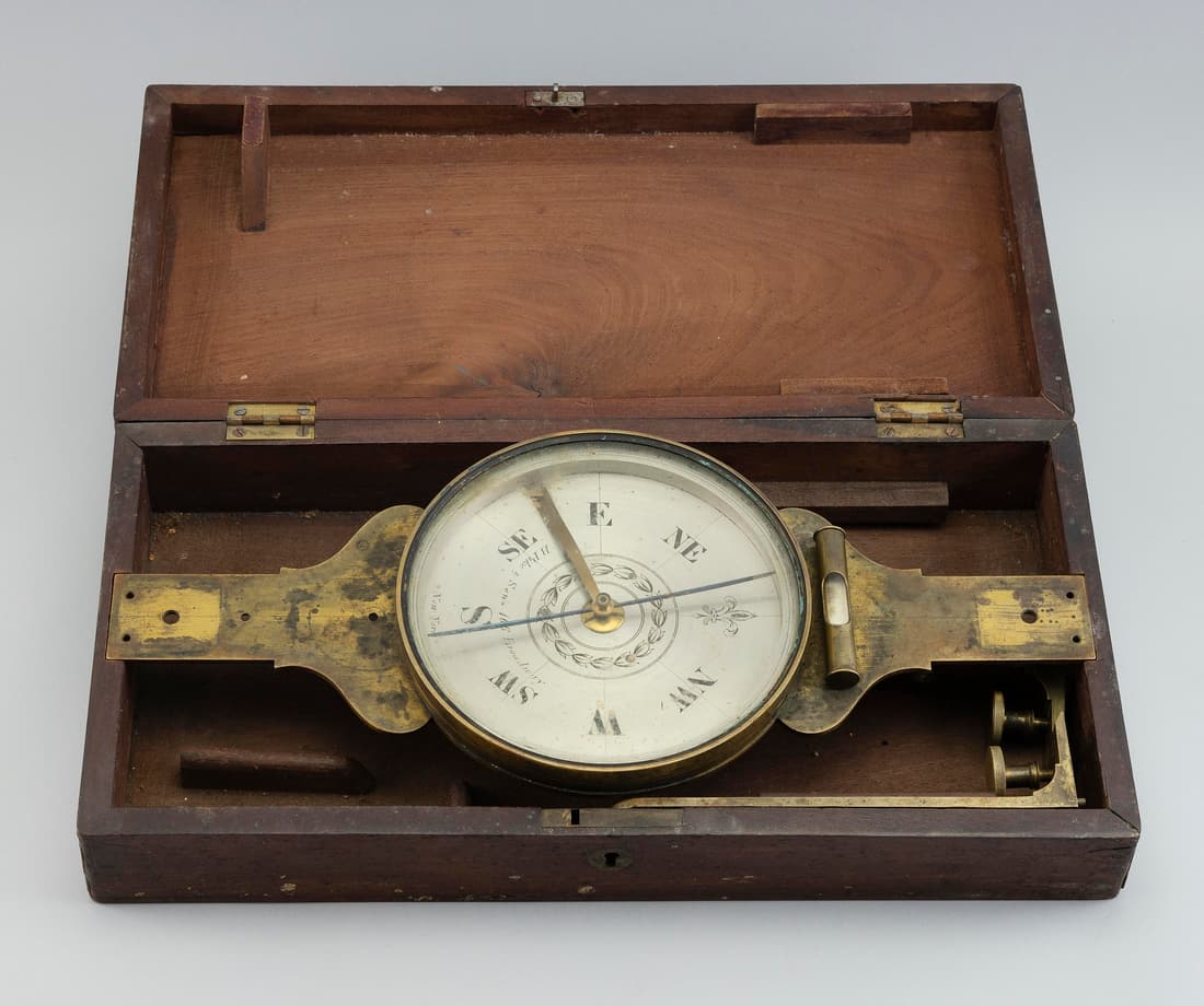 CASED BRASS SURVEYORíS COMPASS 19th Century Case height 3.5î. Width 16.5î. Depth (1 of 2)