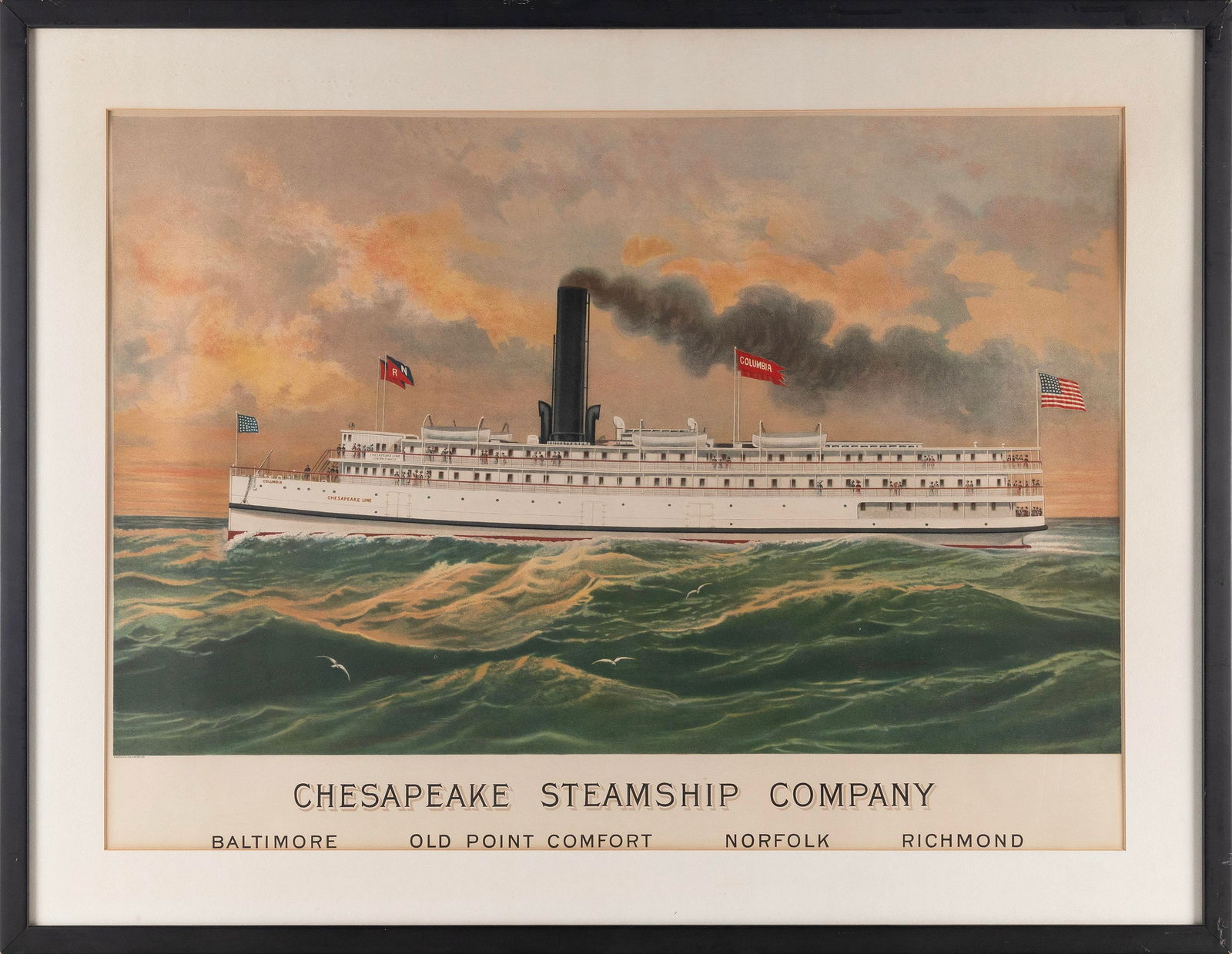 RARE CHESAPEAKE STEAMSHIP COMPANY LITHOGRAPH Early 20th Century 25" x 34" sight. Framed 32" x 41.5". (1 of 2)