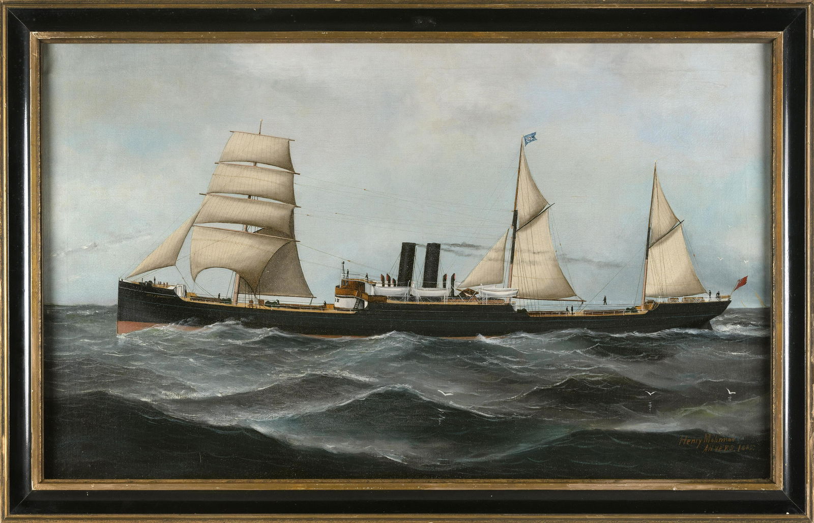 JOHN HENRY MOHRMANN (California/Canada/Belgium/Germany, 1857-1916), The steamship City of: JOHN HENRY MOHRMANNCalifornia/Canada/Belgium/Germany, 1857-1916The steamship City of Manchester. Signed and dated lower right "Henry Mohrmann Anvers 1885".Oil on canvas, 24" x 39.25&quo