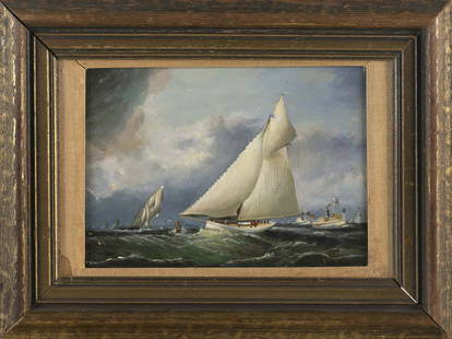 AFTER JAMES E. BUTTERSWORTH (20th Century,), Puritan leading Genesta in the 1885 America's Cup., Oil: AFTER JAMES E. BUTTERSWORTH20th CenturyPuritan leading Genesta in the 1885 America's Cup. Unsigned.Oil on panel, 7" x 9.75". Framed 11" x 15".