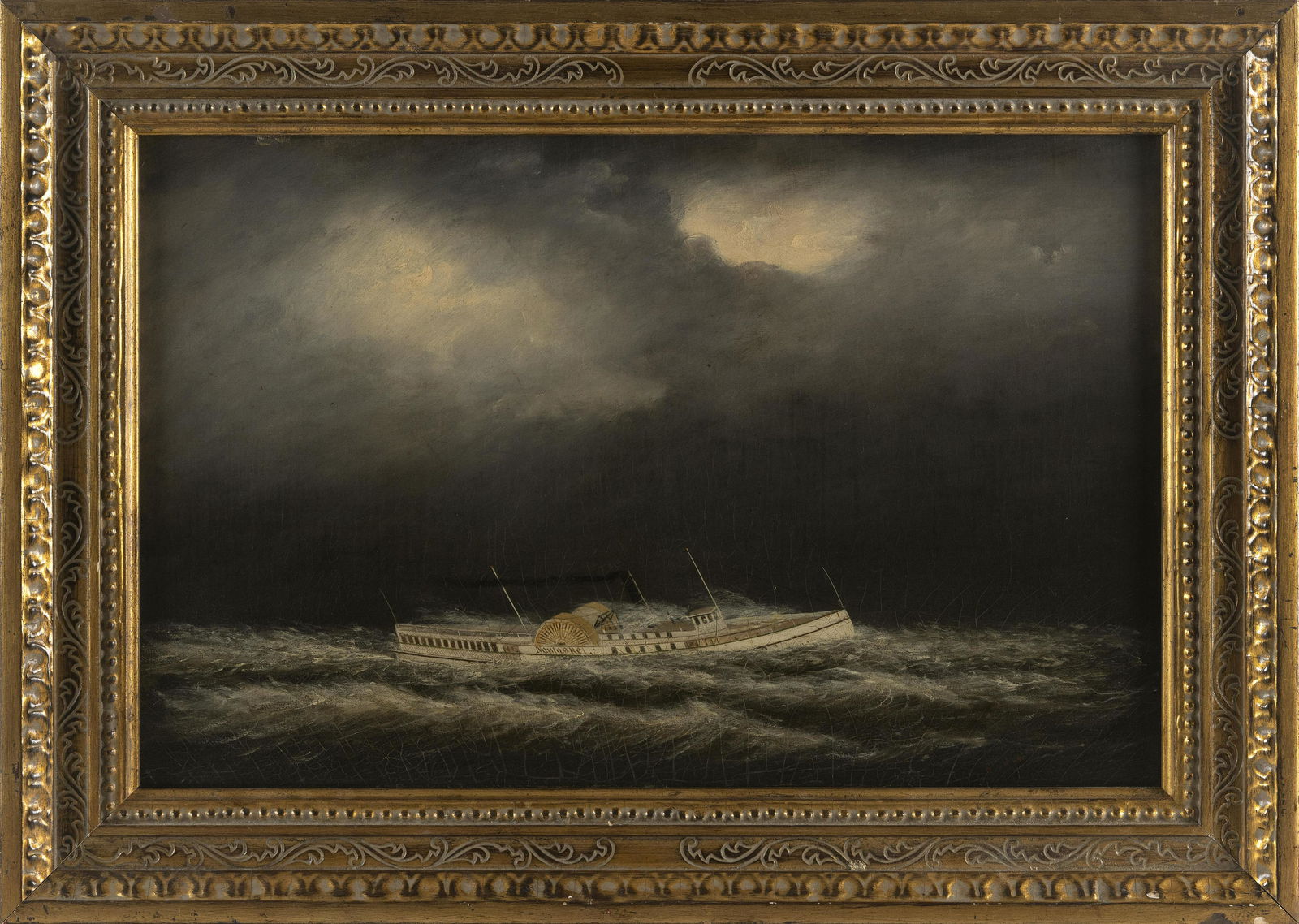 CLEMENT DREW (Massachusetts, 1806-1889), Steamship Nantasket in the tornado, June 16, 1879., Oil on: CLEMENT DREWMassachusetts, 1806-1889Steamship Nantasket in the tornado, June 16, 1879. Signed lower right "C. Drew". Titled verso.Oil on canvas, 14" x 22". Framed 19" x 28&quo