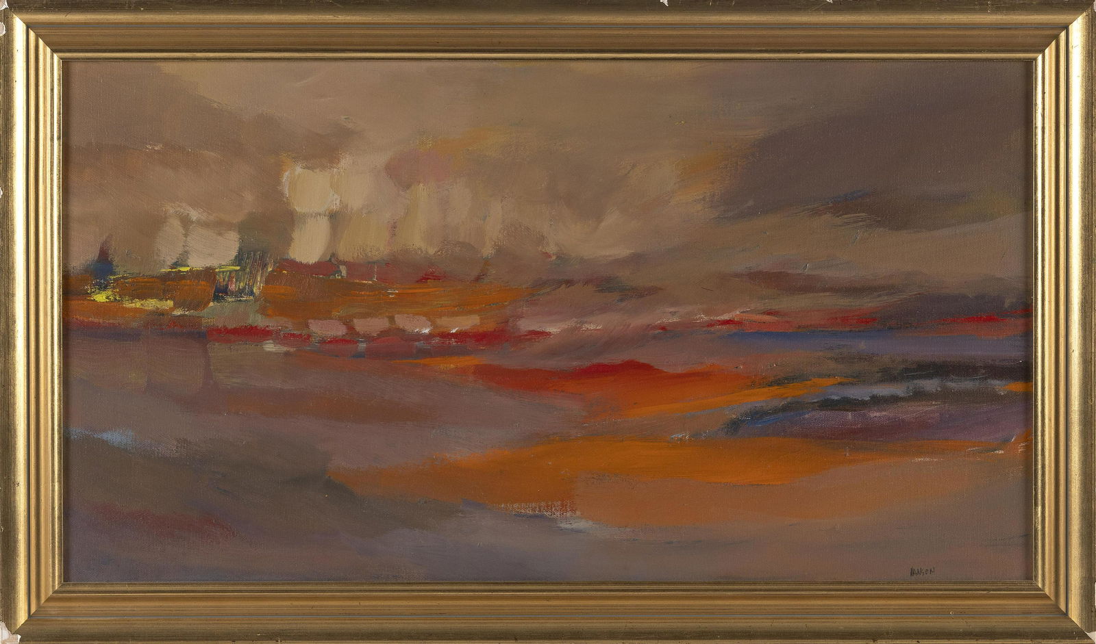 TIGHE HANSON (America, Contemporary), Abstract sunset., Oil on canvas, 14" x 26". Framed 17" x 29". (1 of 2)