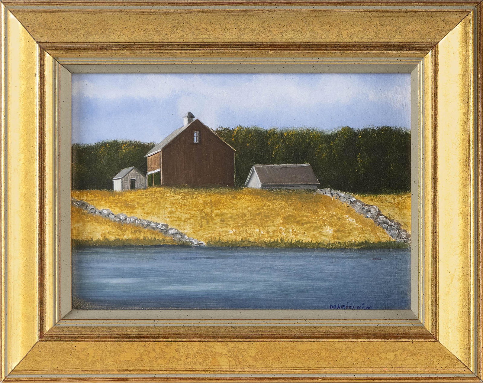 MARIELUISE HUTCHINSON (Massachusetts, 1947-), Red barn., Oil on panel, 4.5î x 6.5î. Framed: MARIELUISE HUTCHINSON Massachusetts, 1947- Red barn. Signed lower right ìMarieluiseî. Oil on panel, 4.5î x 6.5î. Framed 7î x 9î. Marieluise Hutchinson grew up in Hanover,