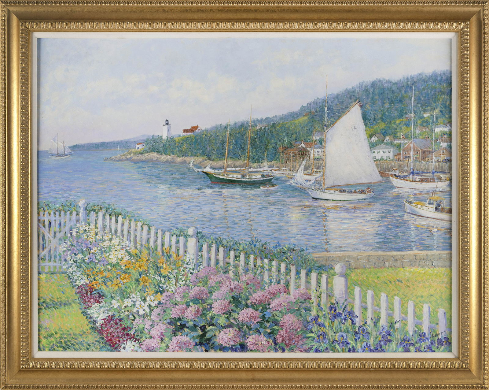 JEAN HUNT (Maine/Florida, 1916-2009), Garden overlooking a cove, likely Maine., Oil on canvas, (1 of 2)