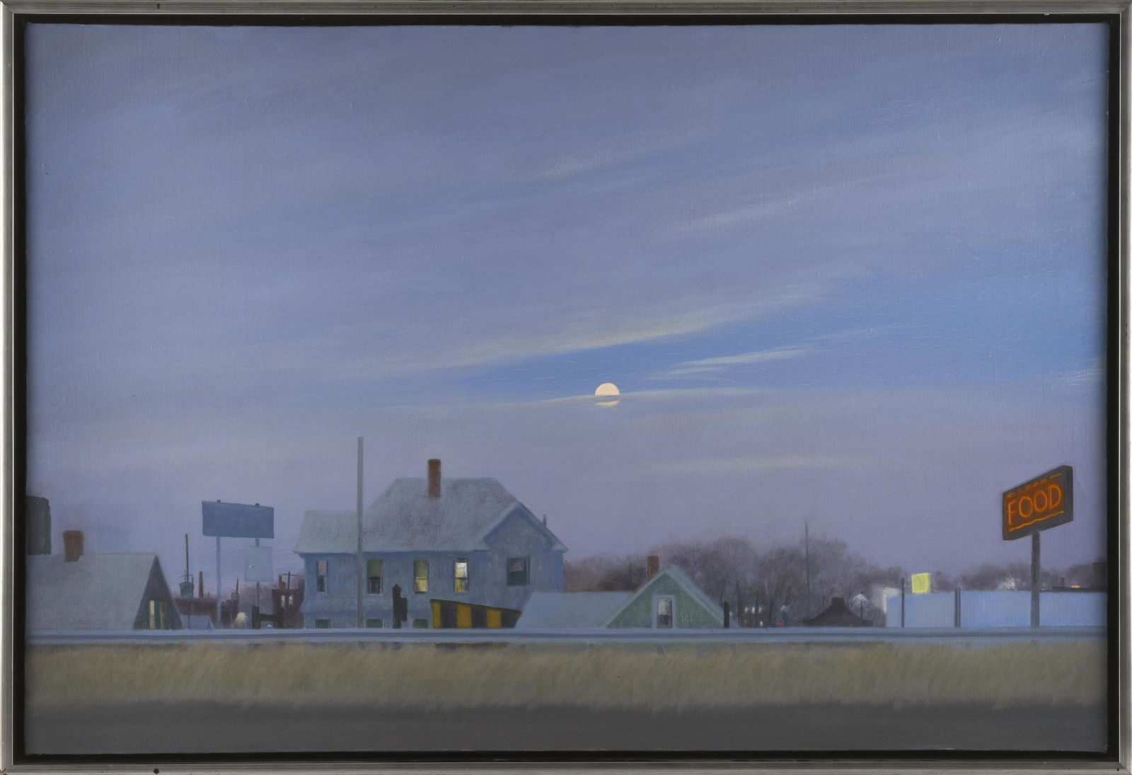 JOHN DOWD (Massachusetts, 1960-), Rooftops under a full moon., Oil on canvas, 24î x 36î. (1 of 2)