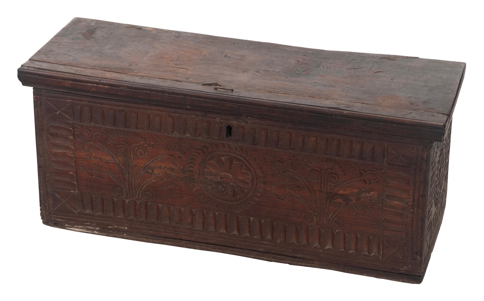 CONTINENTAL CHIP-CARVED CHEST 17th Century Chest height 14”. Total height on legs 20”. (1 of 1)