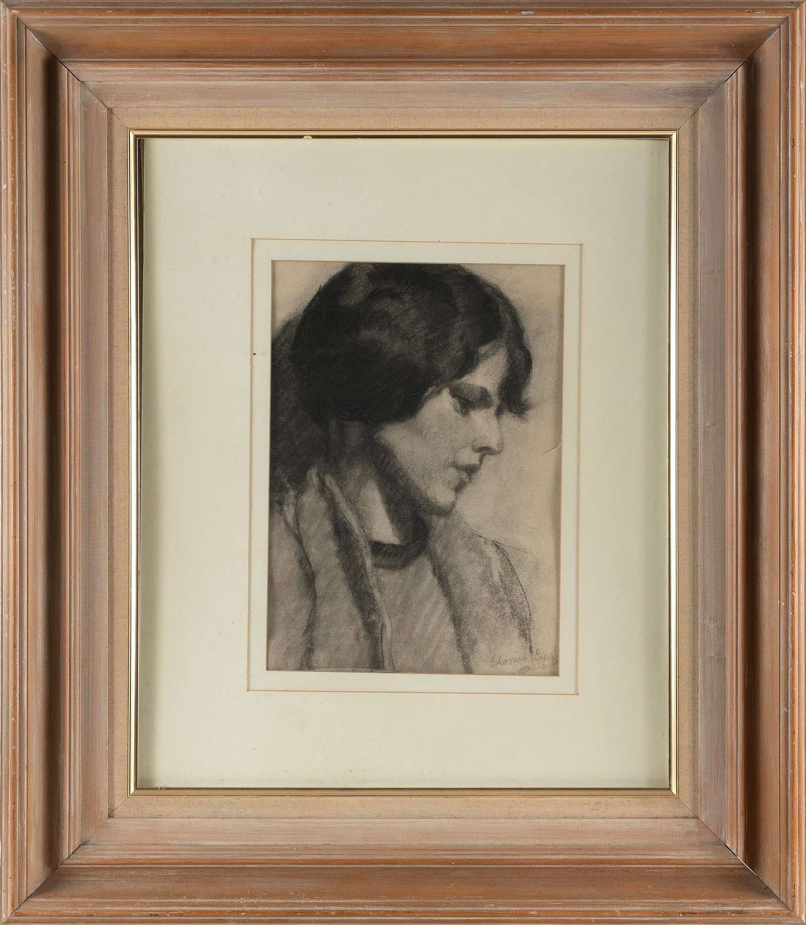 THOMAS J. ERWIN (Illinois, 20th Century), Portrait of a contemplative woman., Charcoal on paper,: THOMAS J. ERWIN Illinois, 20th Century Portrait of a contemplative woman. Signed lower right “Thomas Erwin”. Charcoal on paper, 14” x 9.5”. Framed.