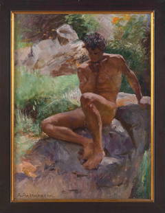 AUGUST ACHTENHAGEN (Germany, 1865-1938), “Nude in a Landscape”., Oil on board, 17.5" x: AUGUST ACHTENHAGENGermany, 1865-1938“Nude in a Landscape”. Signed lower left "A. Achtenhagen".Oil on board, 17.5" x 13.25". Framed 19" x 15".