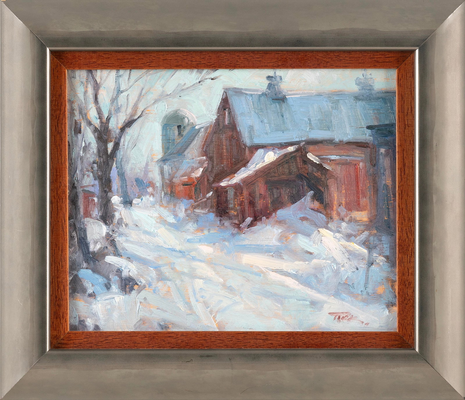 KATHRYN TUCK (Massachusetts, Contemporary), Barn in snow., Oil on board, 9” x 12”.: KATHRYN TUCK Massachusetts, Contemporary Barn in snow. Signed lower right “Tuck”. Oil on board, 9” x 12”. Framed 11.5” x 13.5”.