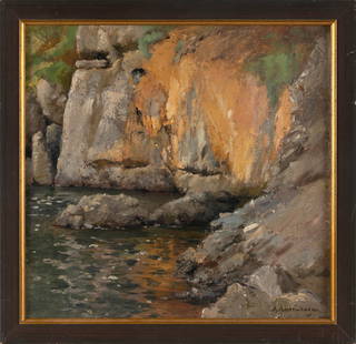 AUGUST ACHTENHAGEN (Germany, 1865-1938), “Rocks at Water’s Edge”., Oil on board,: AUGUST ACHTENHAGENGermany, 1865-1938“Rocks at Water’s Edge”. Signed lower right “A. Achtenhagen”.Oil on board, 16” x 16.75”. Framed 16.5” x 17.5”.