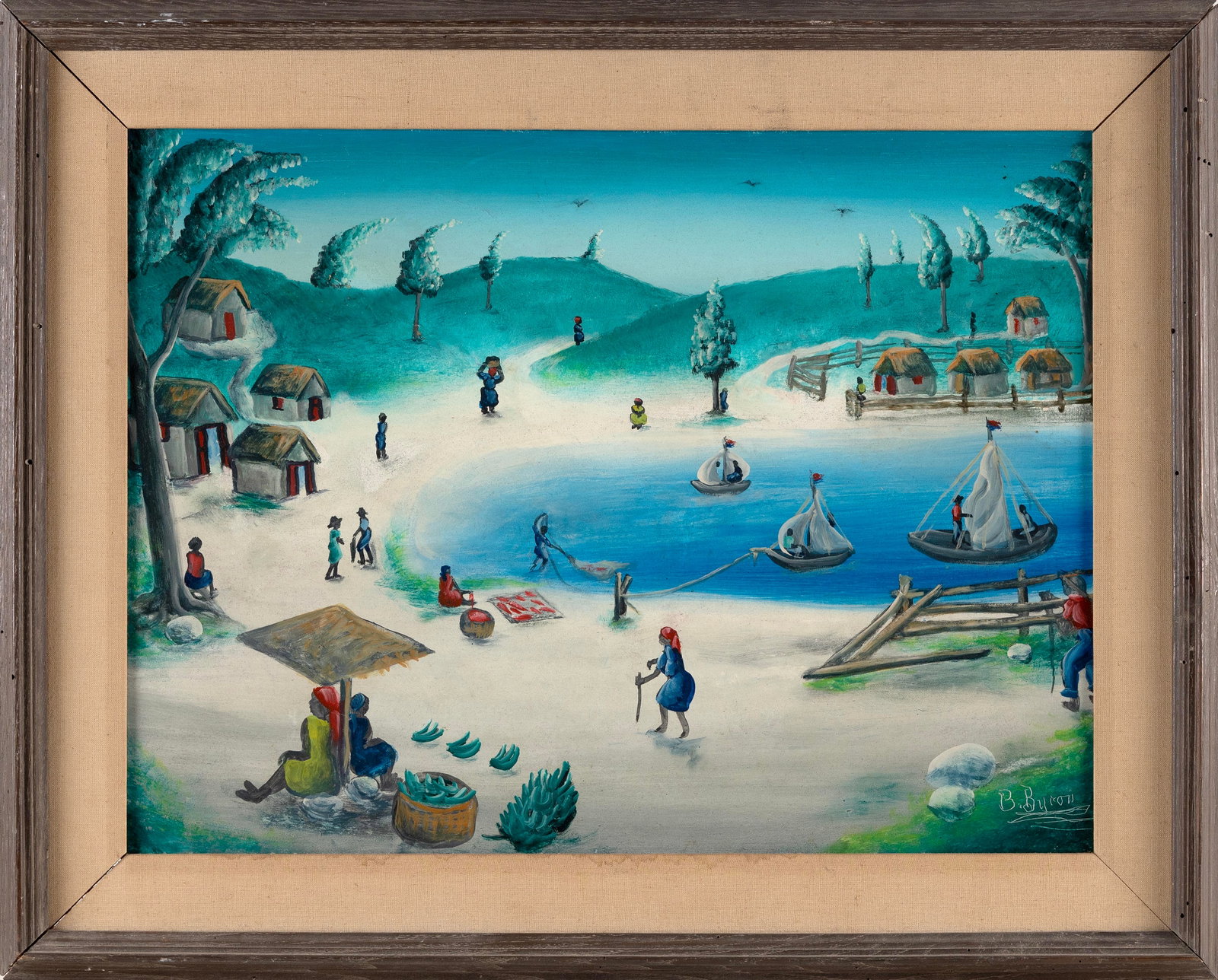 BOURMOND BYRON (Haiti, 1920/23-2004), Beach scene., Oil on board, 16” x 22”. Framed: BOURMOND BYRON Haiti, 1920/23-2004 Beach scene. Signed lower right “B. Byron”. Oil on board, 16” x 22”. Framed 21” x 27”.
