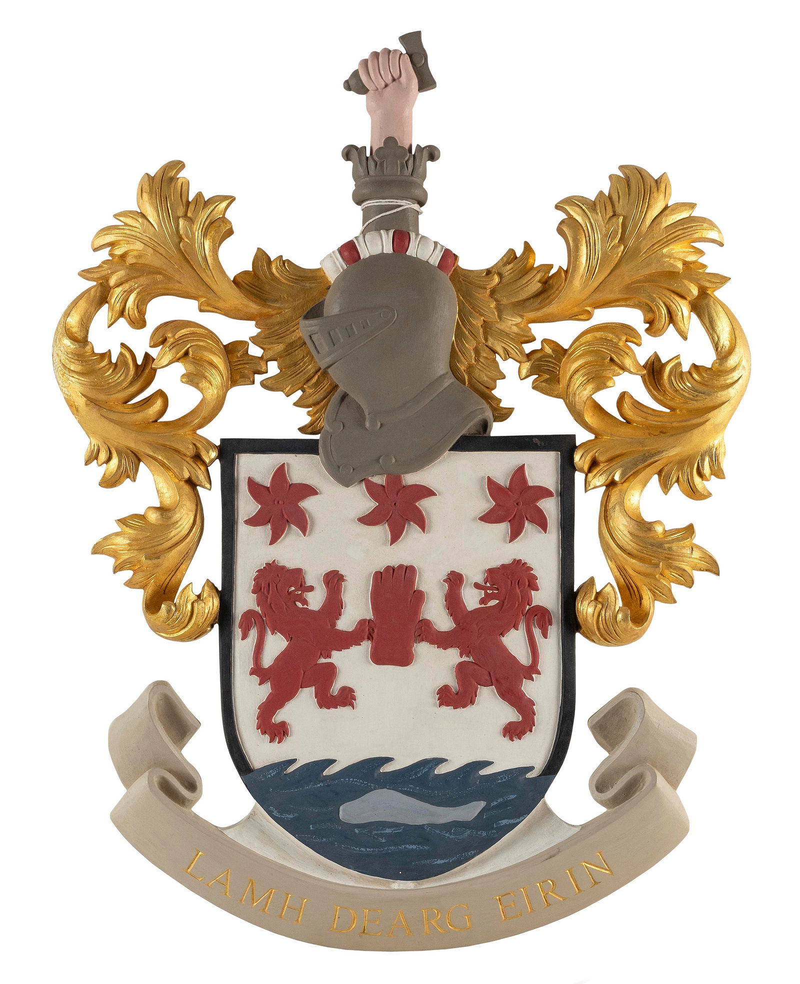 GILT, PAINTED AND CARVED WOOD FAMILY CREST BY PAUL WHITE Cape Cod, Contemporary Height 23”. (1 of 2)