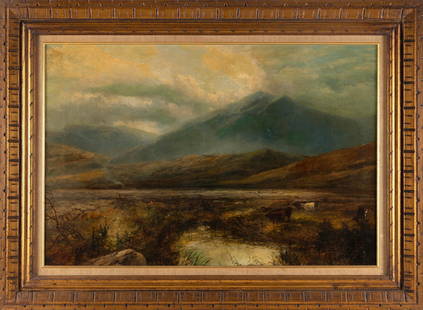 AMERICAN SCHOOL (19th Century,), Western scene, Oil on board, 24î x 36î. Framed 32î x: AMERICAN SCHOOL 19th Century Western scene with mountain range, encampment and cattle in the foreground. Unsigned. Oil on board, 24Ã® x 36Ã®. Framed 32Ã® x 43Ã®.