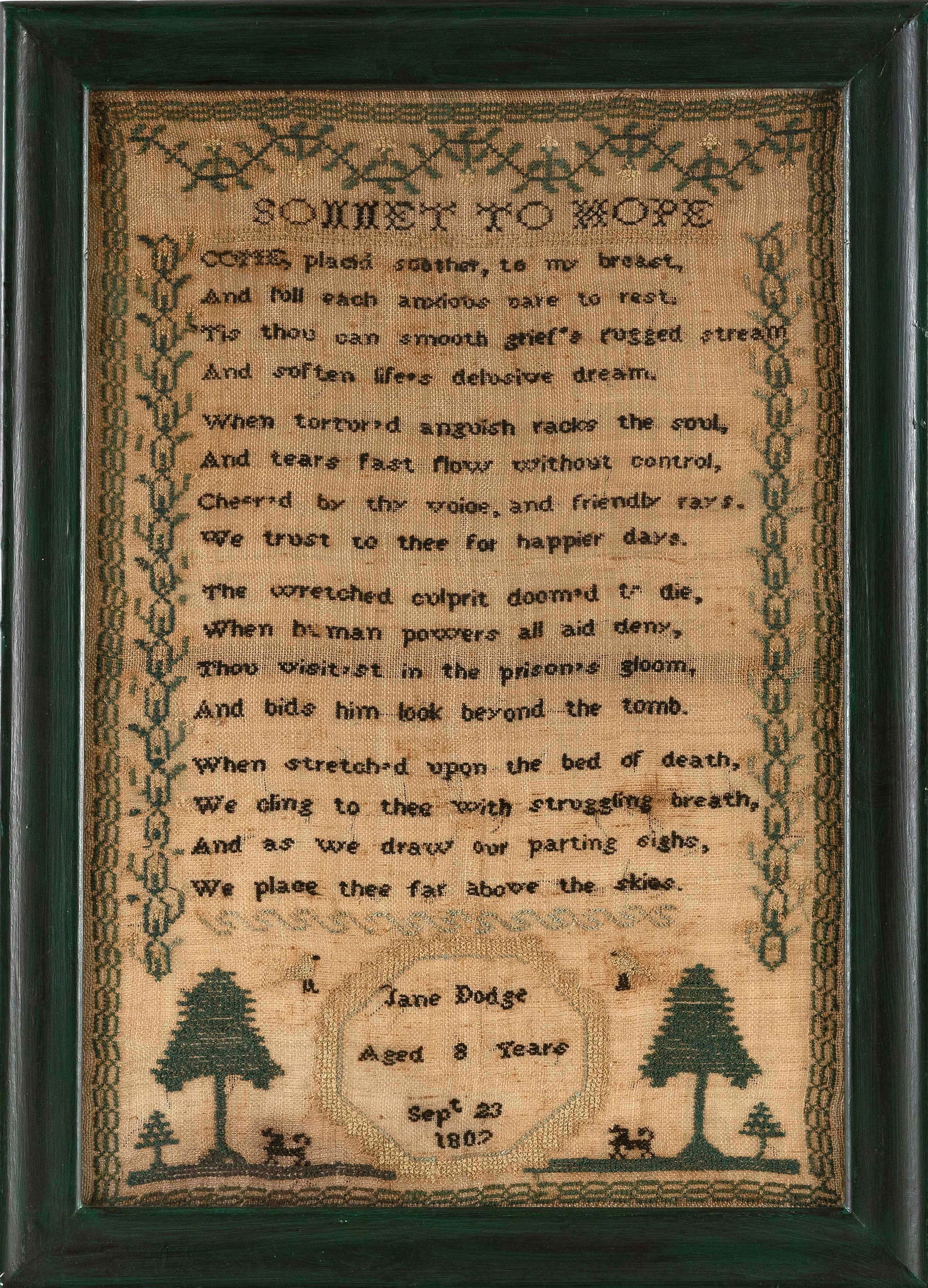 NEEDLEWORK SAMPLER Dated 1807 16.5î x 11î sight. Framed 19î x 14î. (1 of 2)