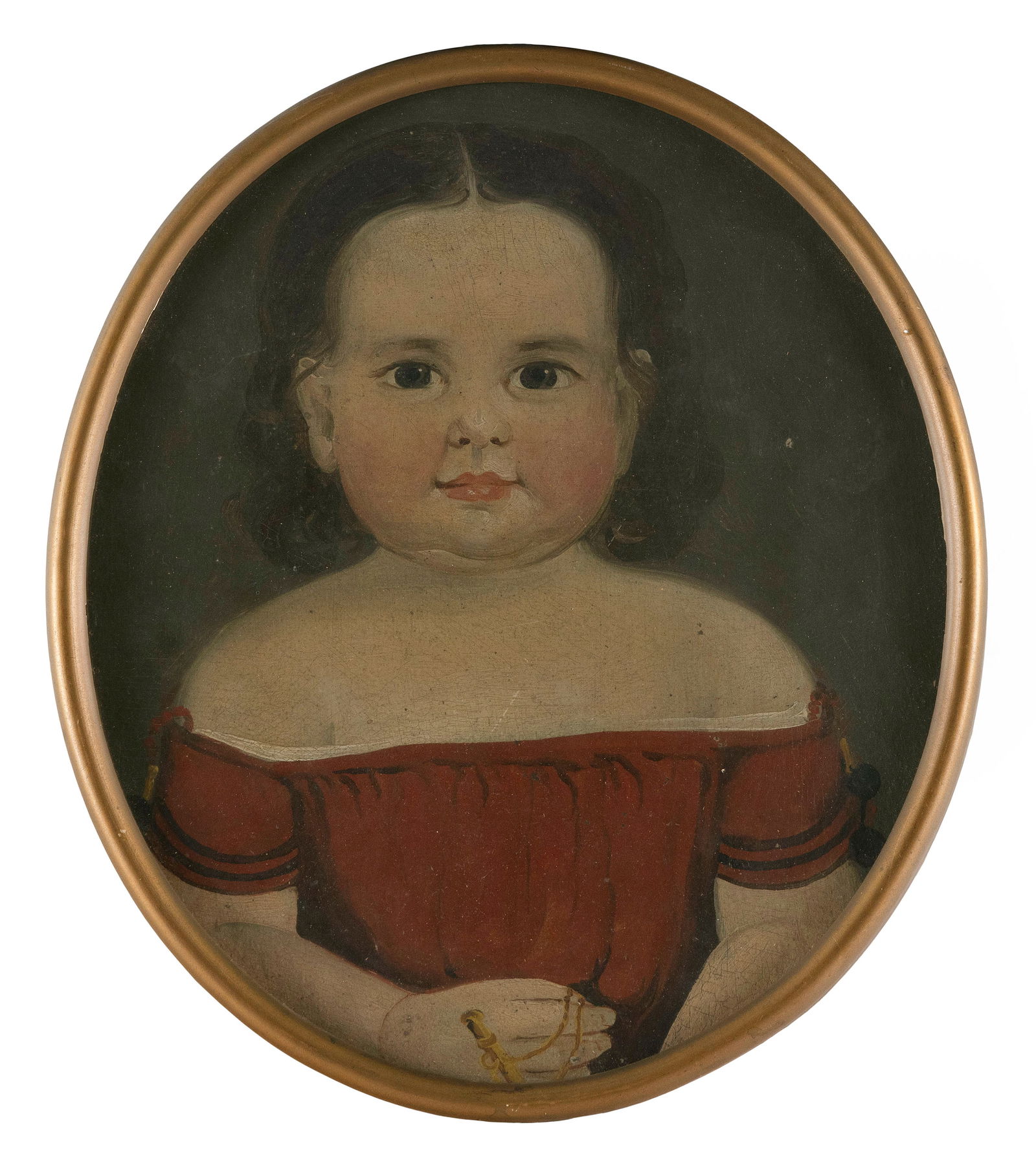 AMERICAN SCHOOL (Second Quarter of the 19th Century,), Primitive portrait of a young girl in a red: AMERICAN SCHOOLSecond Quarter of the 19th CenturyPrimitive portrait of a young girl in a red dress. Unsigned.Oil on heavy paper panel, oval 11.75î x 9.5î sight. Framed 12.5î x 10.5î