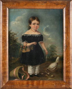 AMERICAN SCHOOL (19th Century,), Portrait of a young girl holding a basket of flowers and with a: AMERICAN SCHOOL 19th Century Portrait of a young girl holding a basket of flowers and with a chicken at her feet. Unsigned. Oil on canvas, 10" x 8". Framed 12.5" x 10.5".