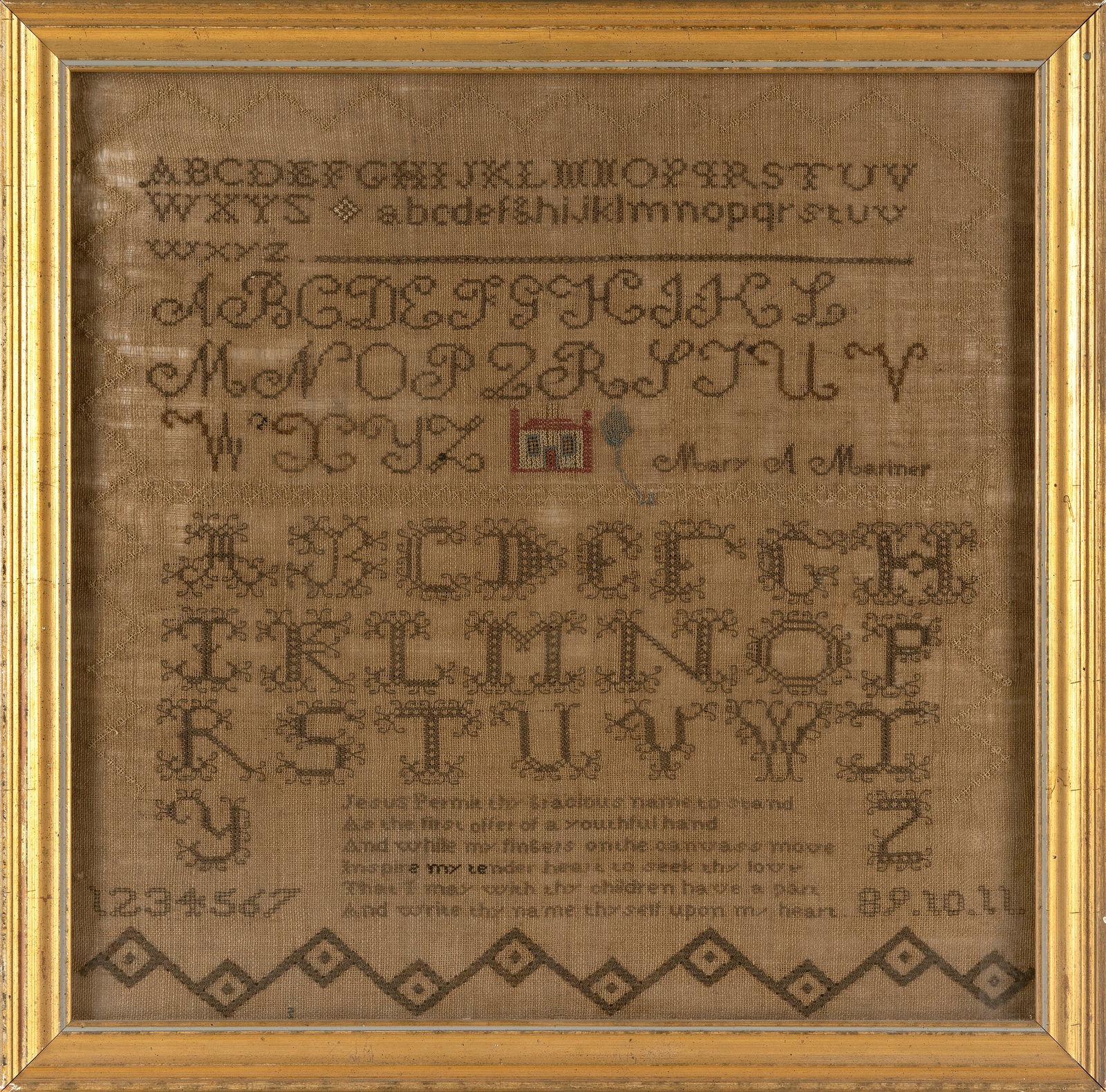 NEEDLEWORK SAMPLER Circa 1835 16.5" x 16.5" sight. Framed 19" x 19". (1 of 2)