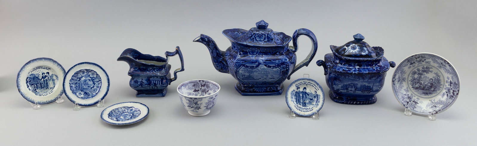 NINE PIECES OF STAFFORDSHIRE AND IRONSTONE 19th Century Heights to 7î. Diameters from 3.5î: NINE PIECES OF STAFFORDSHIRE AND IRONSTONE 19th Century Includes a coffeepot, a creamer and sugar set, cup plates and a cup and saucer. Heights to 7î. Diameters from 3.5î.