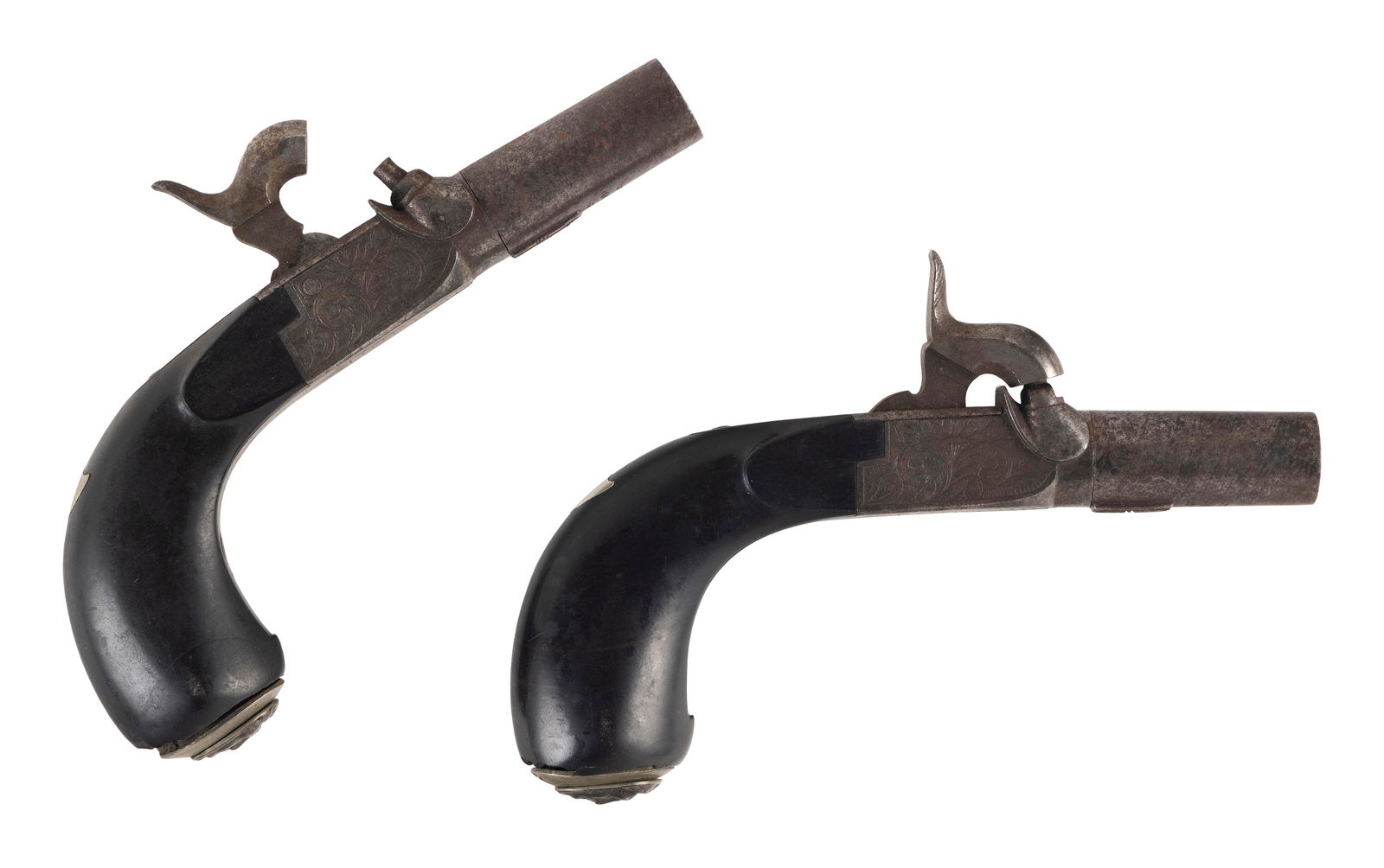 PAIR OF BELGIAN PERCUSSION PISTOLS Circa 1850 Length of barrels 1.5î. Total lengths 6î. (1 of 2)